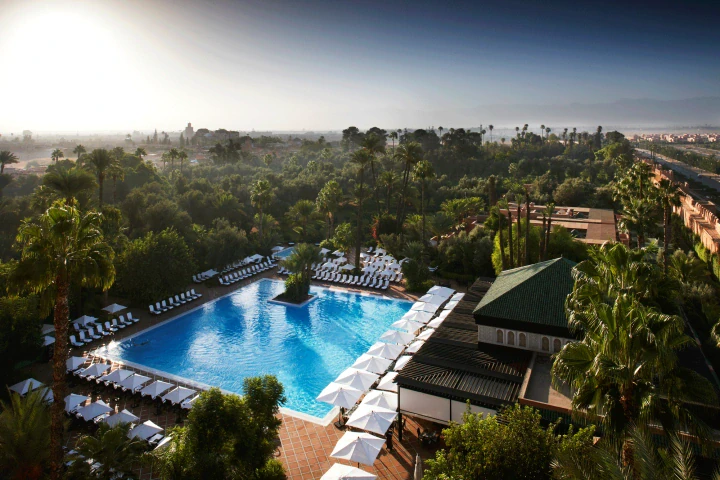 Aerial view of a hotel swimming pool surrounded by manicured gardens and palm trees.