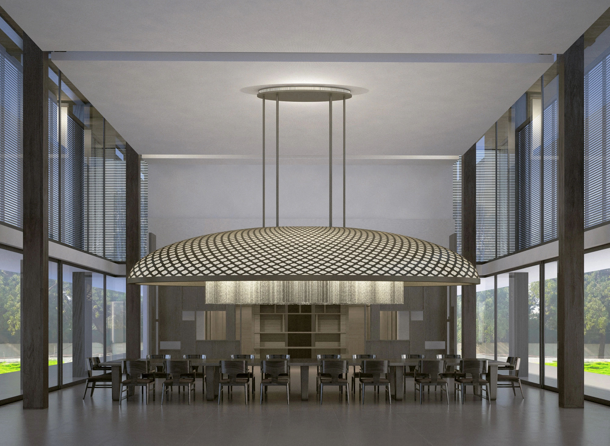Render of a long dining hall with a wide oval ring chandelier above a banquet table between glass walls.