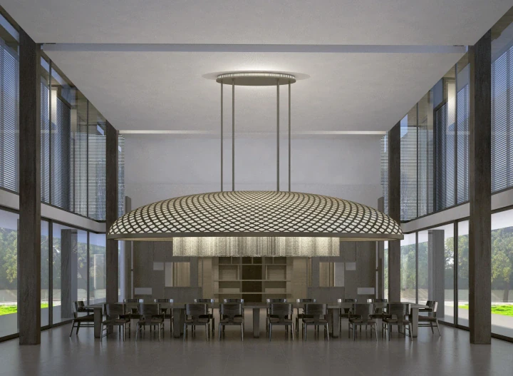 Render of a long dining hall with a wide oval ring chandelier above a banquet table between glass walls.