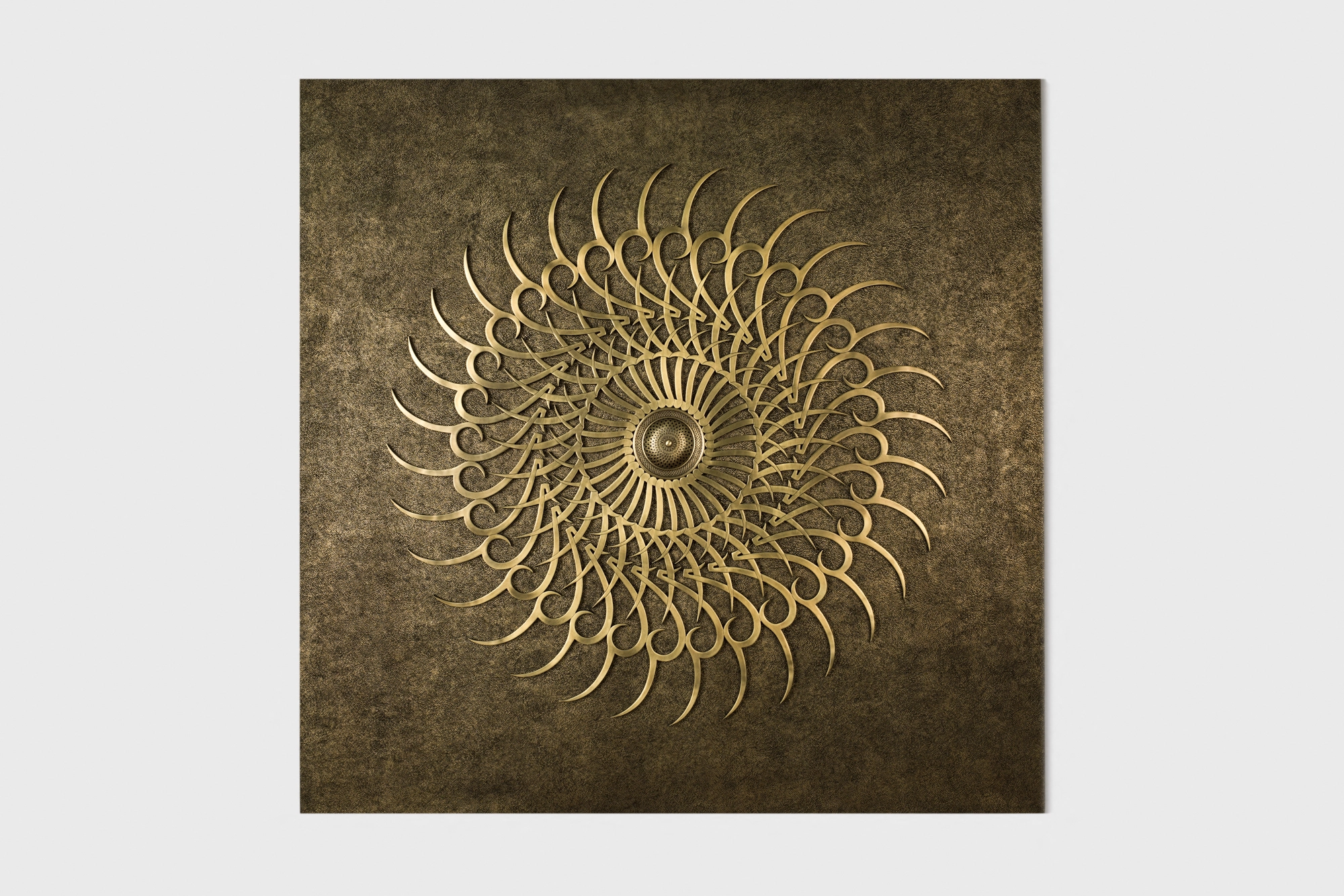 A square panel with a golden spiral sunburst of fine calligraphy, on a pale background.