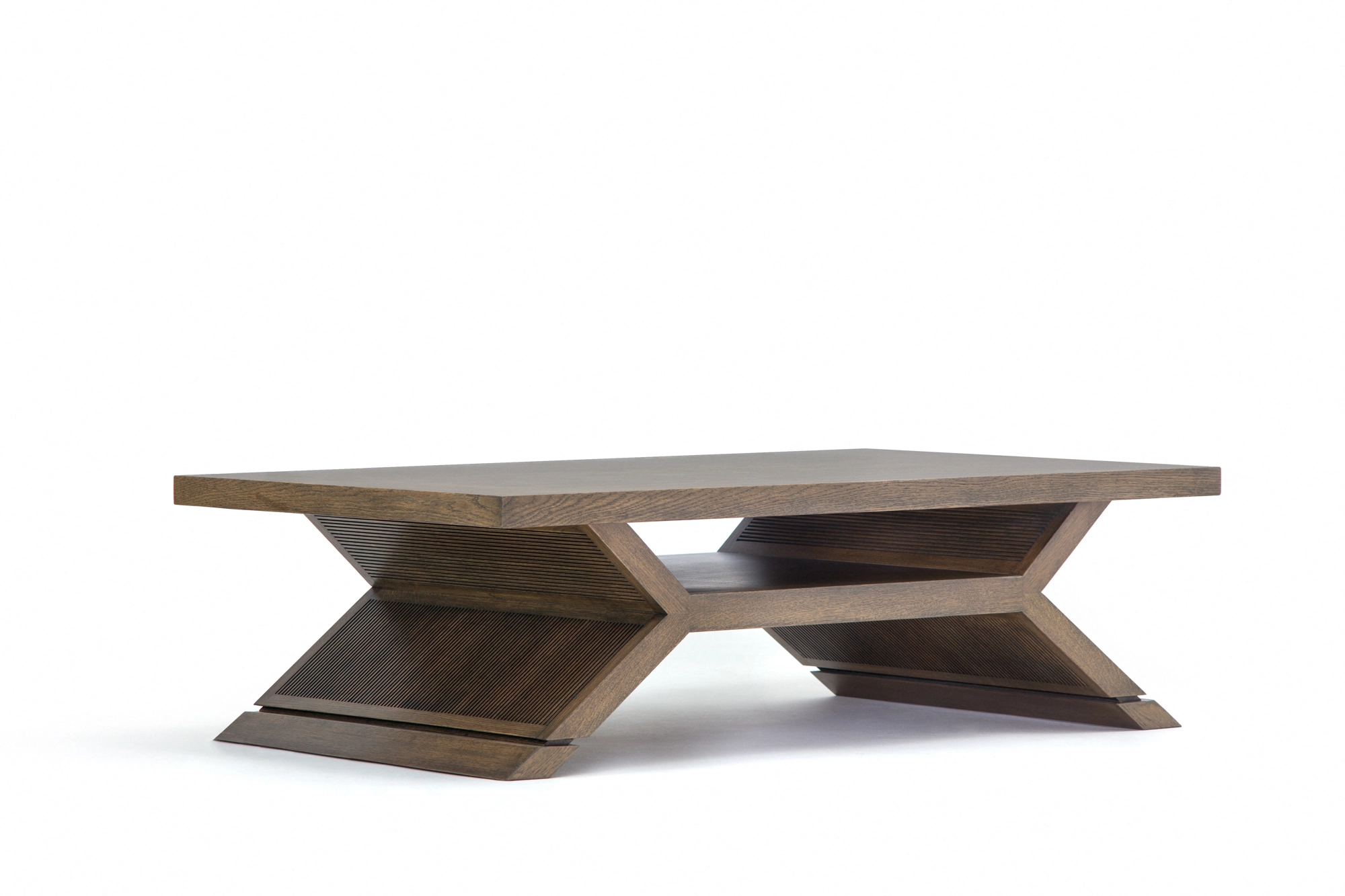 A low wooden coffee table with a layered cross-shaped pedestal base, against a white background.
