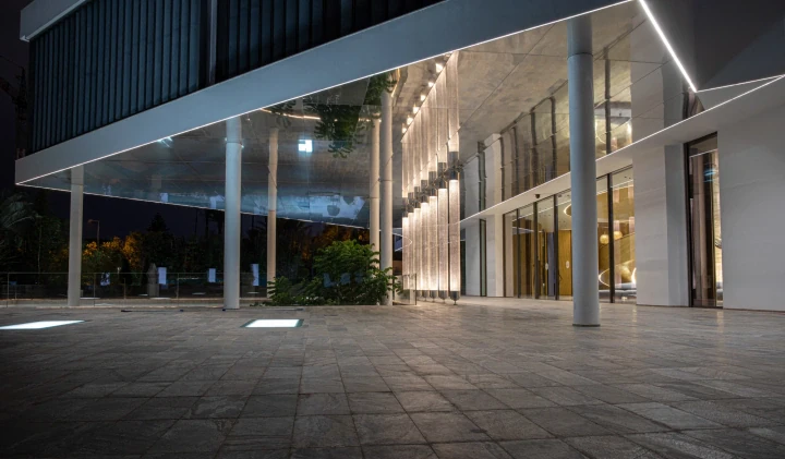 Modern building exterior at dusk with a long horizontal canopy, illuminated columns and palms.